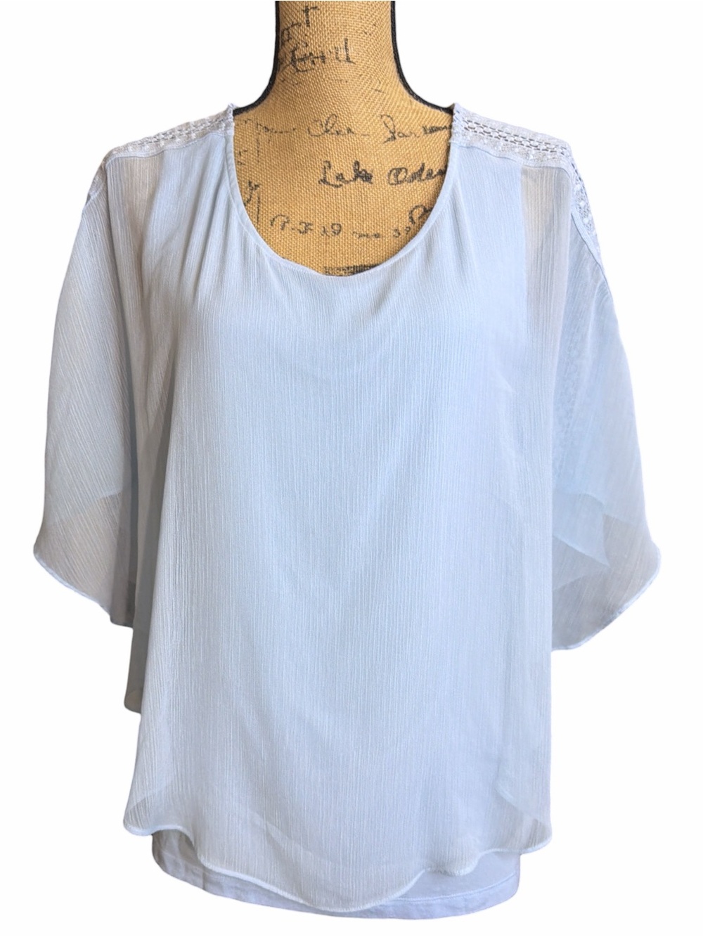 Alyx Pale Blue Crochet-Shoulder Chiffon Blouse with built in tank top EC Large